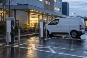 Unbranded electric chargepoints stand beside a white fleet van outside a hospital service entrance at dawn.