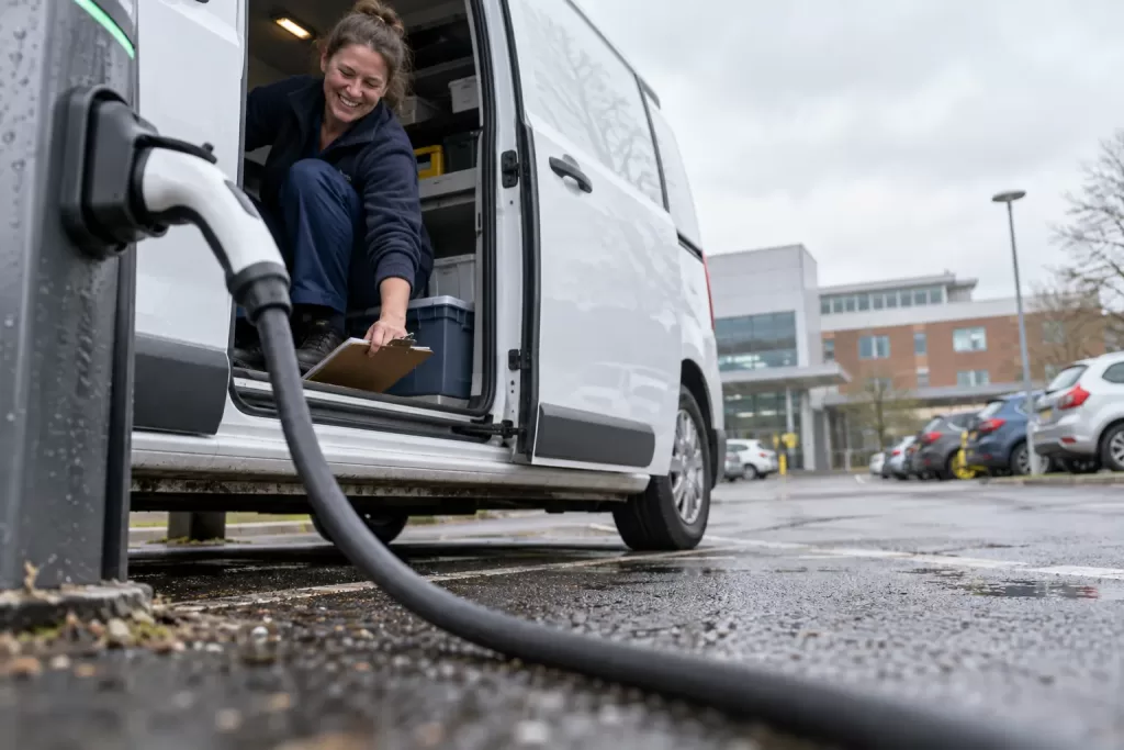 One laughing adult healthcare fleet driver crouches in a generic electric van beside a charging cable, seen from a low close angle.