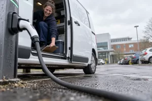 One laughing adult healthcare fleet driver crouches in a generic electric van beside a charging cable, seen from a low close angle.