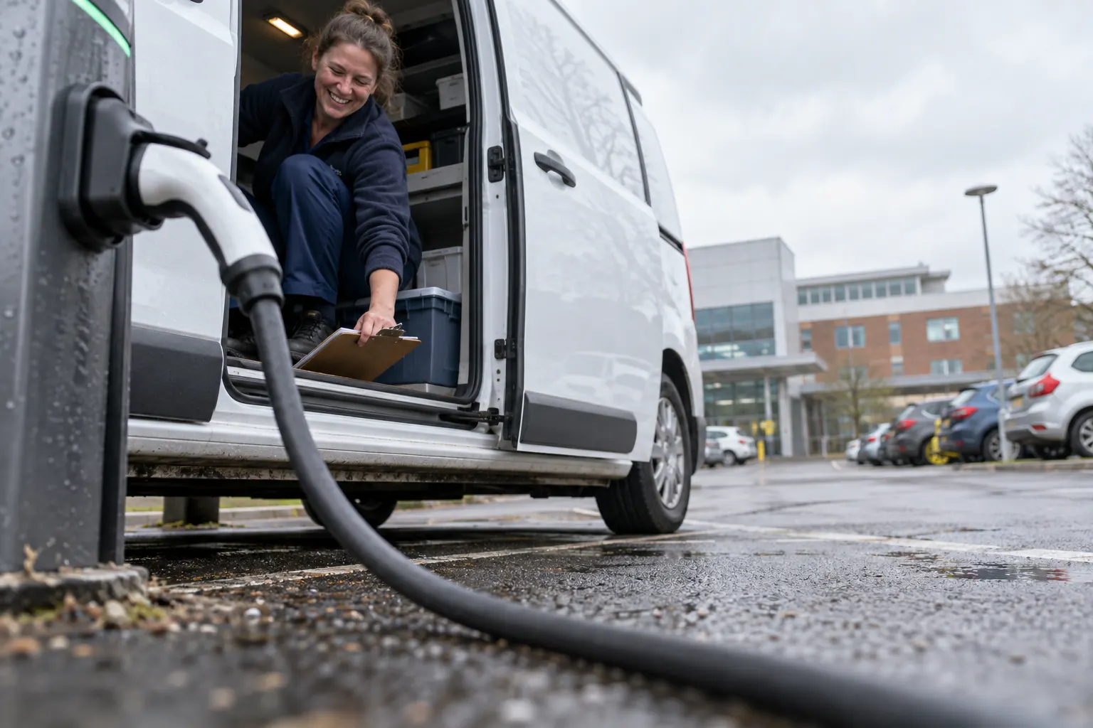 One laughing adult healthcare fleet driver crouches in a generic electric van beside a charging cable, seen from a low close angle.
