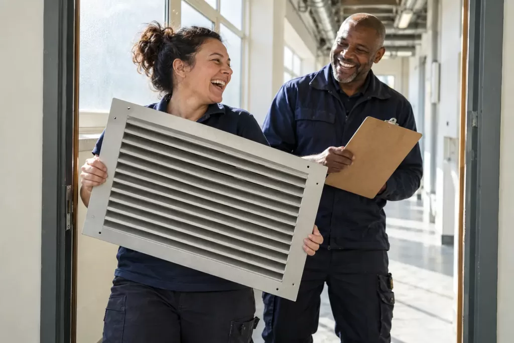 Original editorial photograph of two laughing facilities workers holding a plain ventilation grille and blank clipboard in a sunlit hospital service corridor, with no logos or text