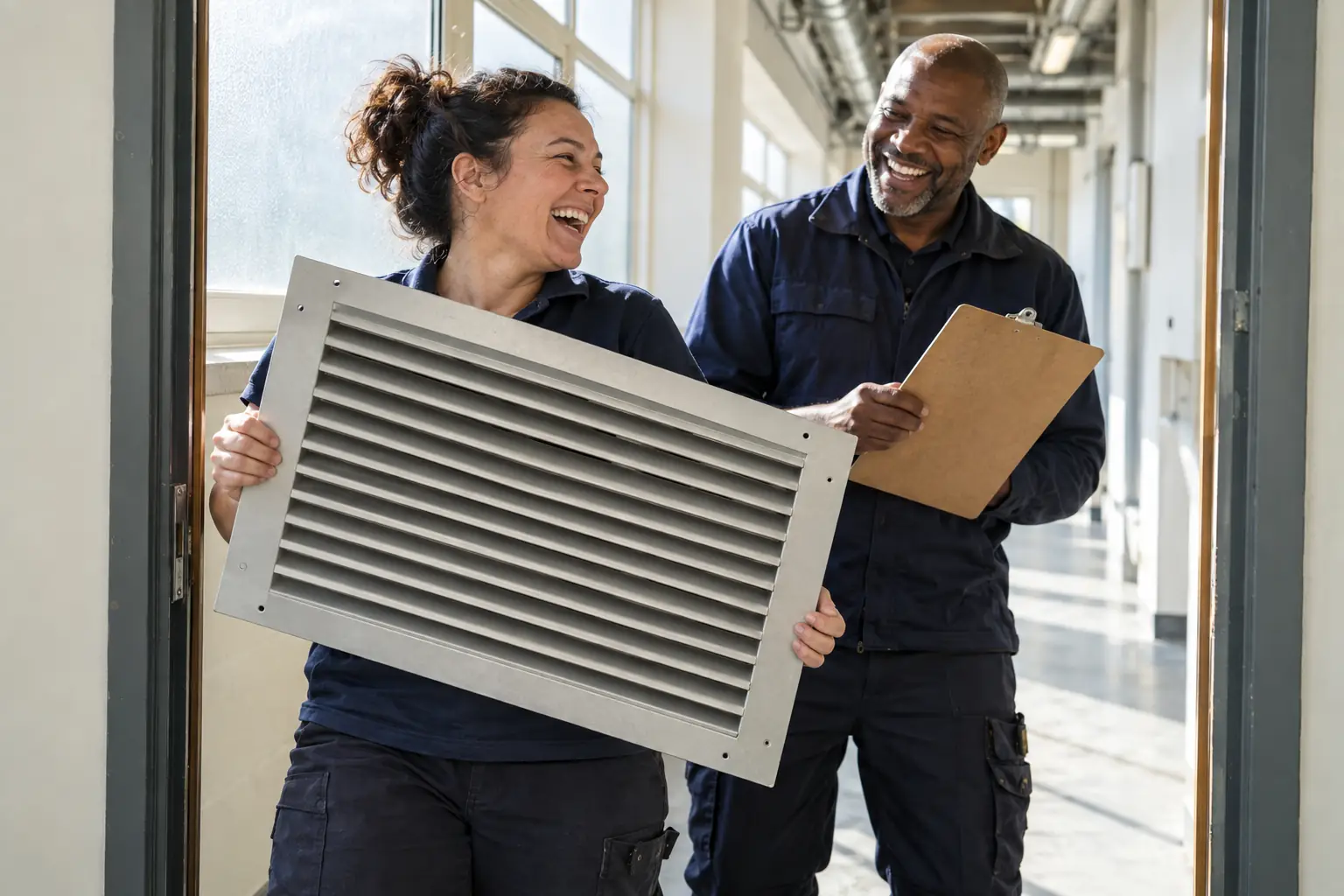 Original editorial photograph of two laughing facilities workers holding a plain ventilation grille and blank clipboard in a sunlit hospital service corridor, with no logos or text