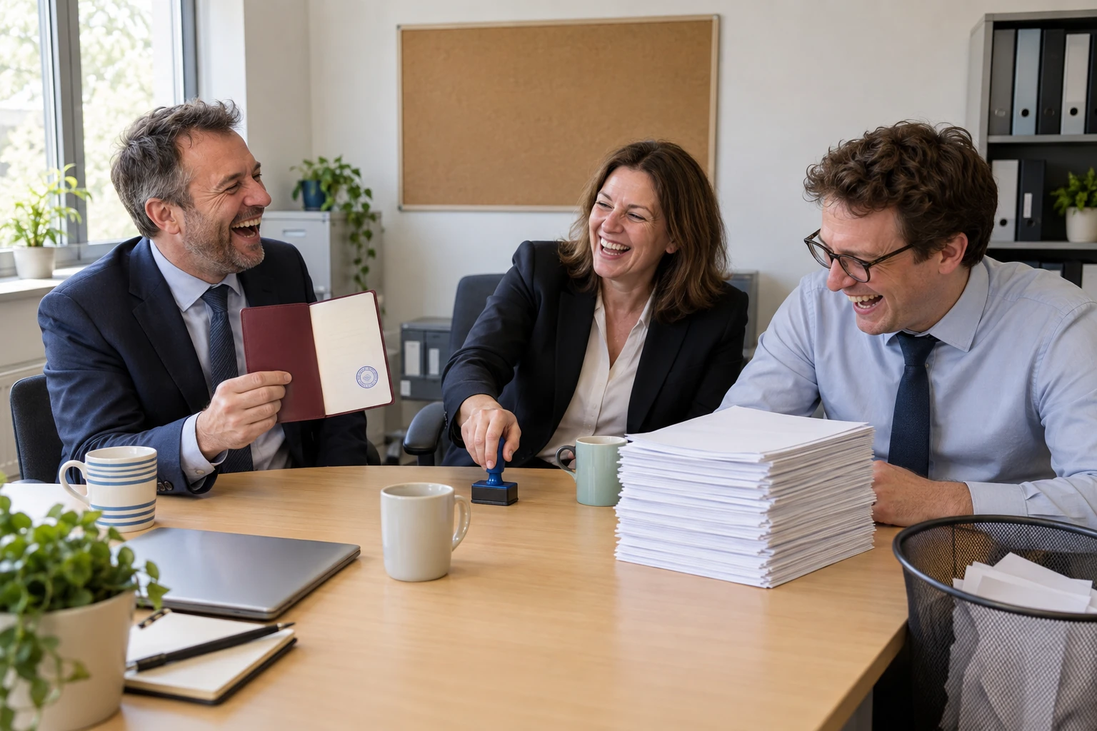 Three laughing fictional health service administrators celebrate a passport shaped folder with one stamp beside a large stack of repeated forms.