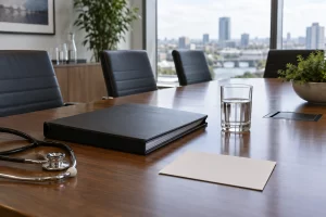 A closed binder, stethoscope, blank agenda card and glass of water sit on an empty healthcare management meeting table.
