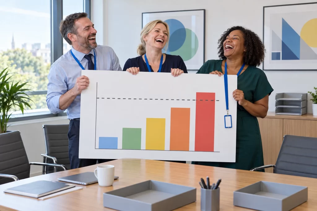 Three fictional NHS policy workers laugh while holding a productivity chart with a tiny blue lanyard.