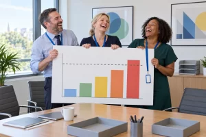 Three fictional NHS policy workers laugh while holding a productivity chart with a tiny blue lanyard.