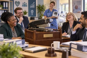 Five laughing fictional NHS procurement staff gather around an oversized battered stapler on a small witness stand, while a clinician holds a medical device.
