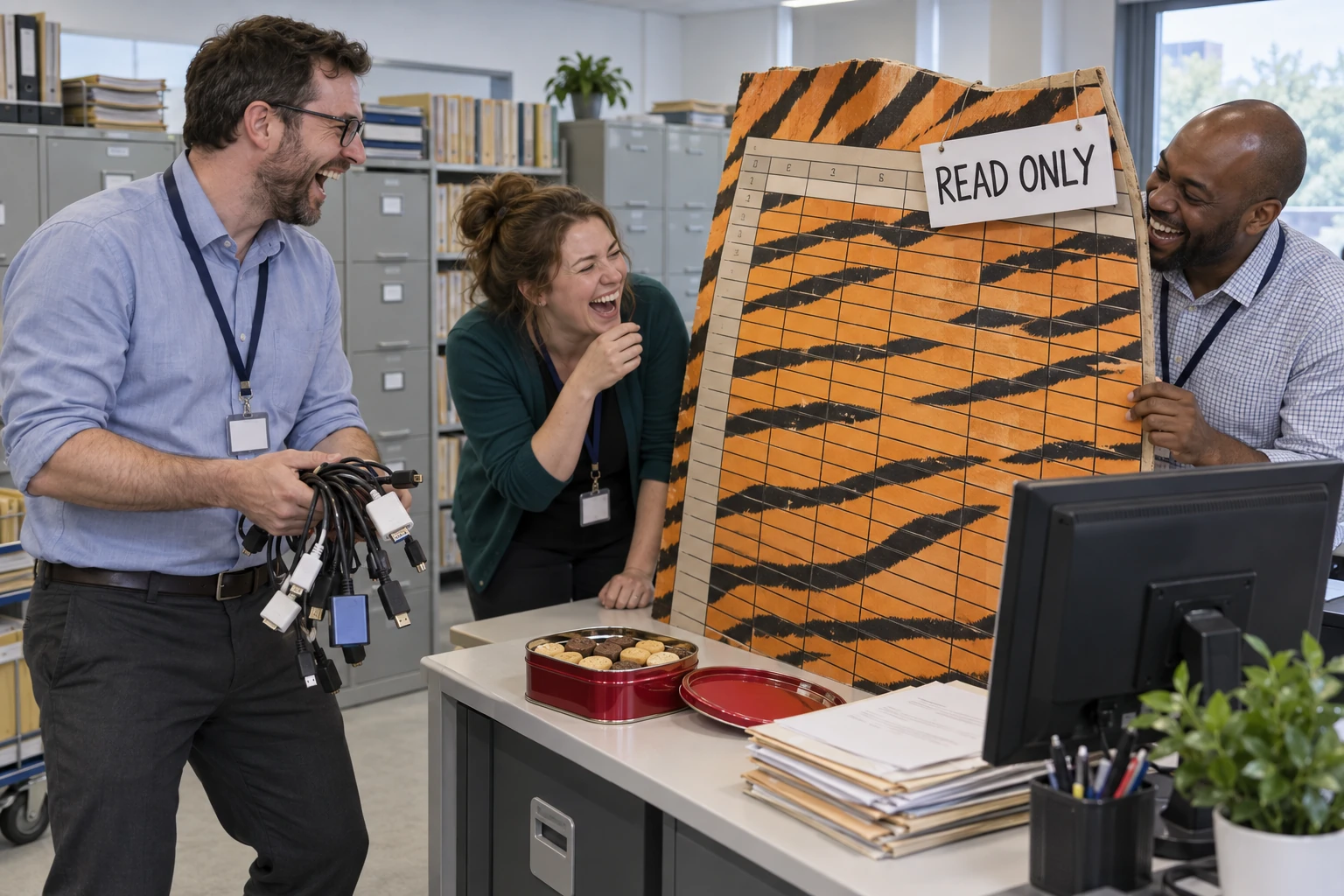 Three laughing hospital IT workers gather around a tiger striped spreadsheet beside a READ ONLY sign, cables and biscuits.