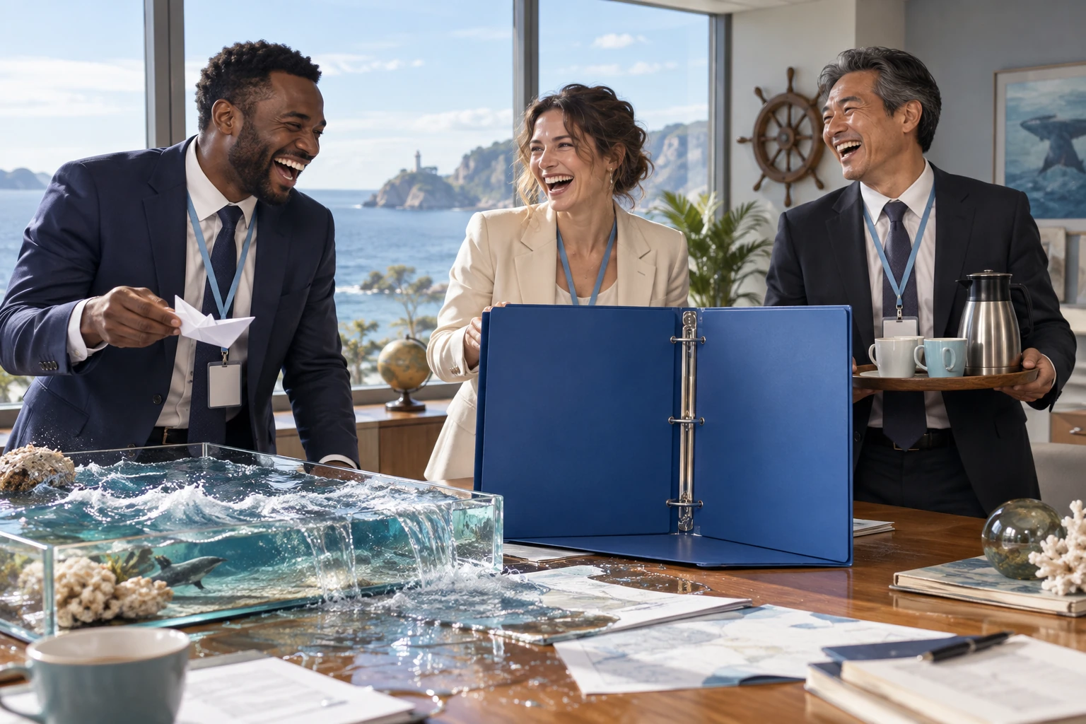 Three laughing fictional conference delegates hold a paper boat, coffee tray and empty blue action plan folder beside a model ocean spilling over paperwork.