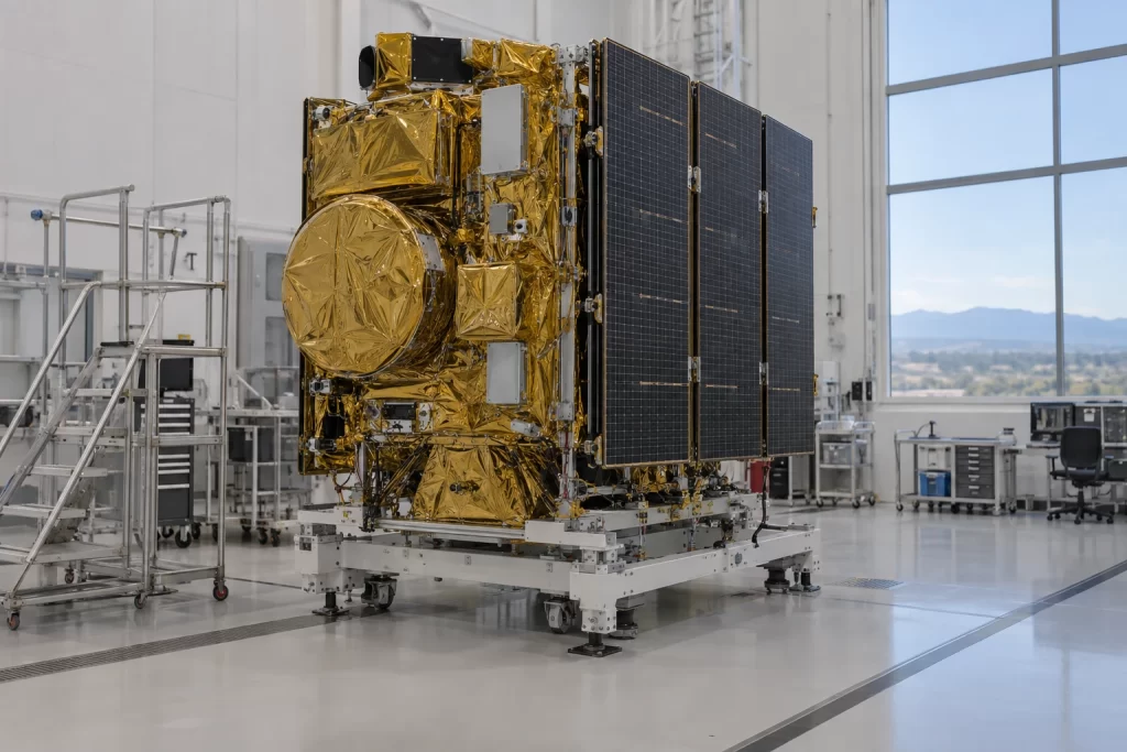 A gold wrapped Earth observation satellite with solar panels stands in a bright aerospace clean room.