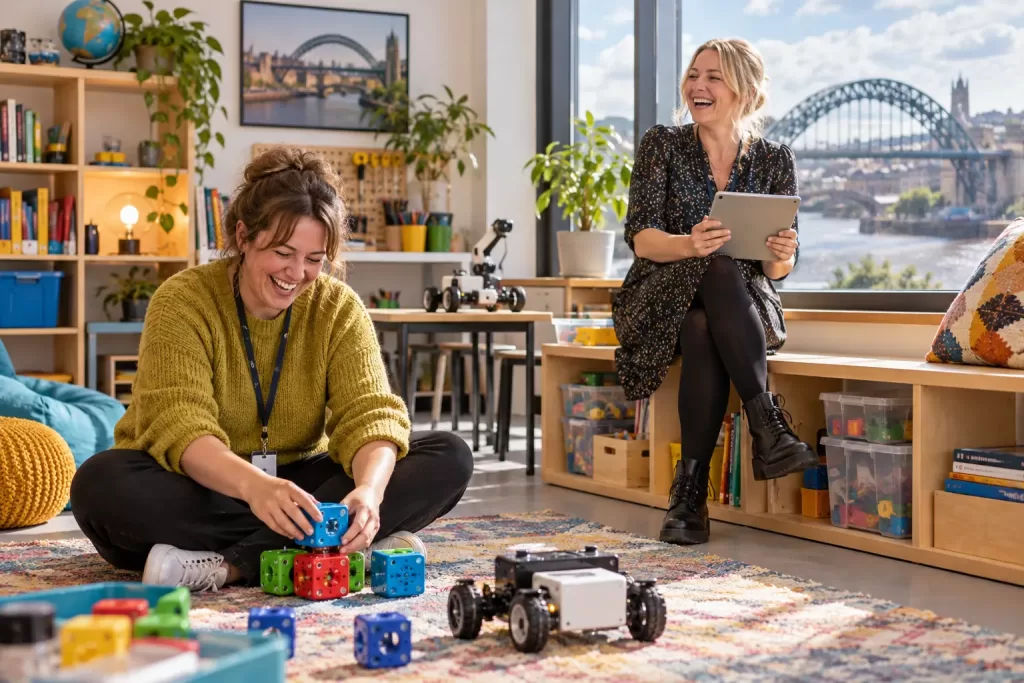 Two laughing teachers at fictional North East AI skills Growth Zone 2026 learning lab