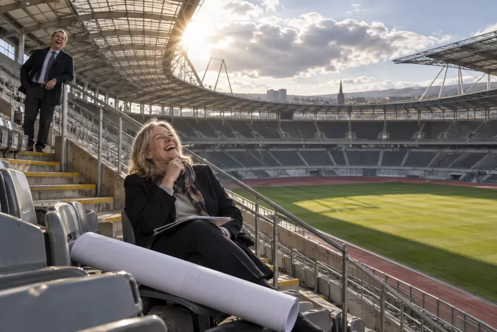 Two laughing planners at fictional North of England Olympics assessment 2026 stadium