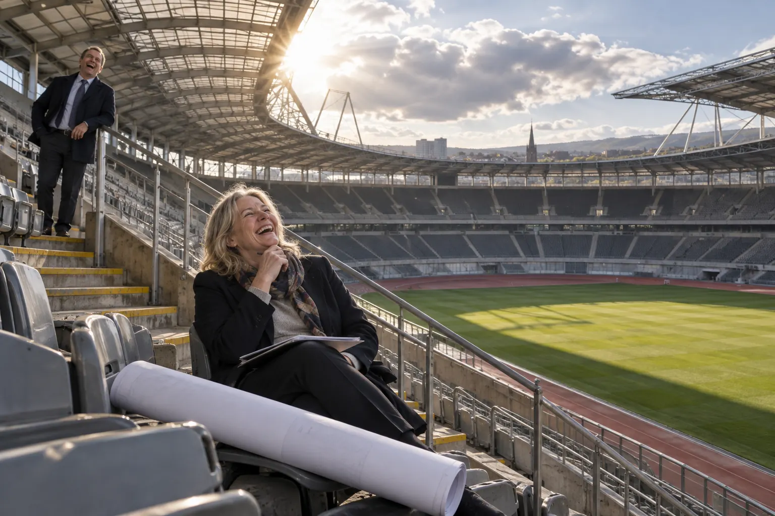 Two laughing planners at fictional North of England Olympics assessment 2026 stadium