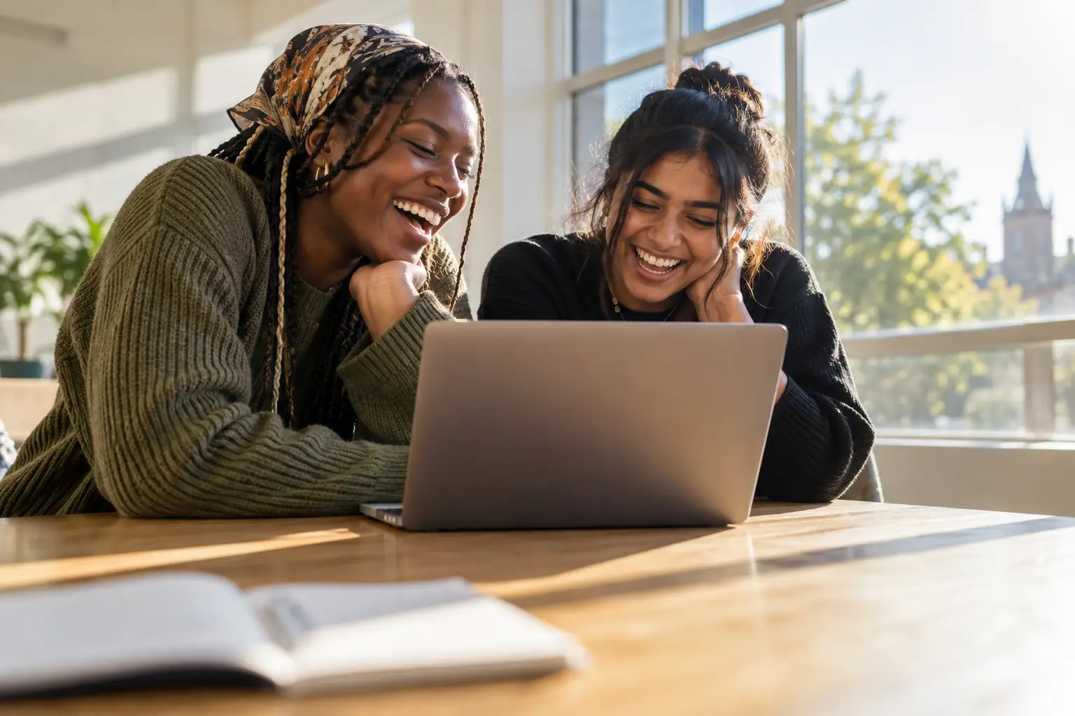 Original editorial photograph of two laughing young women at a sunny classroom table holding a blank laptop with no screen text, and no other people