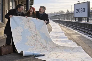 Three fictional adult rail planners clearly laughing over an enormous railway map as an empty platform stretches towards a calendar marked 2030.
