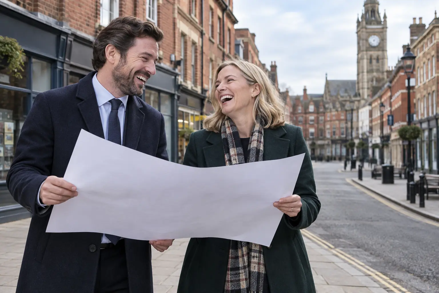 Two laughing city planners holding a blank plan for the Northern Growth Strategy on a quiet high street
