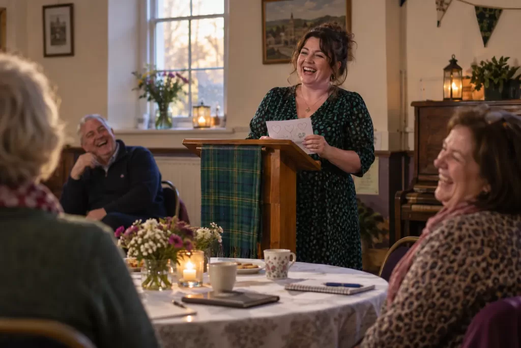 A laughing woman speaks at a community lectern while laughing adults listen around a table.