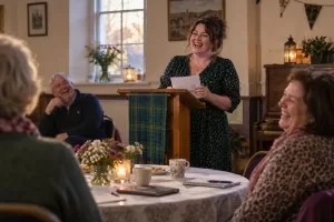 A laughing woman speaks at a community lectern while laughing adults listen around a table.