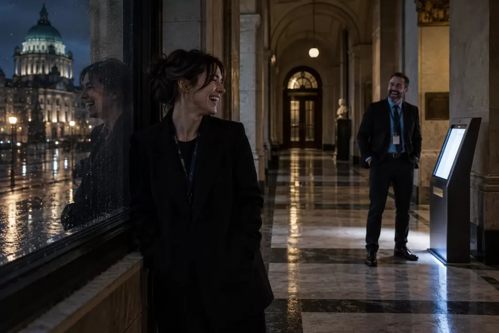 Two laughing public-service transformation staff at fictional Northern Ireland public service transformation 2026 civic building