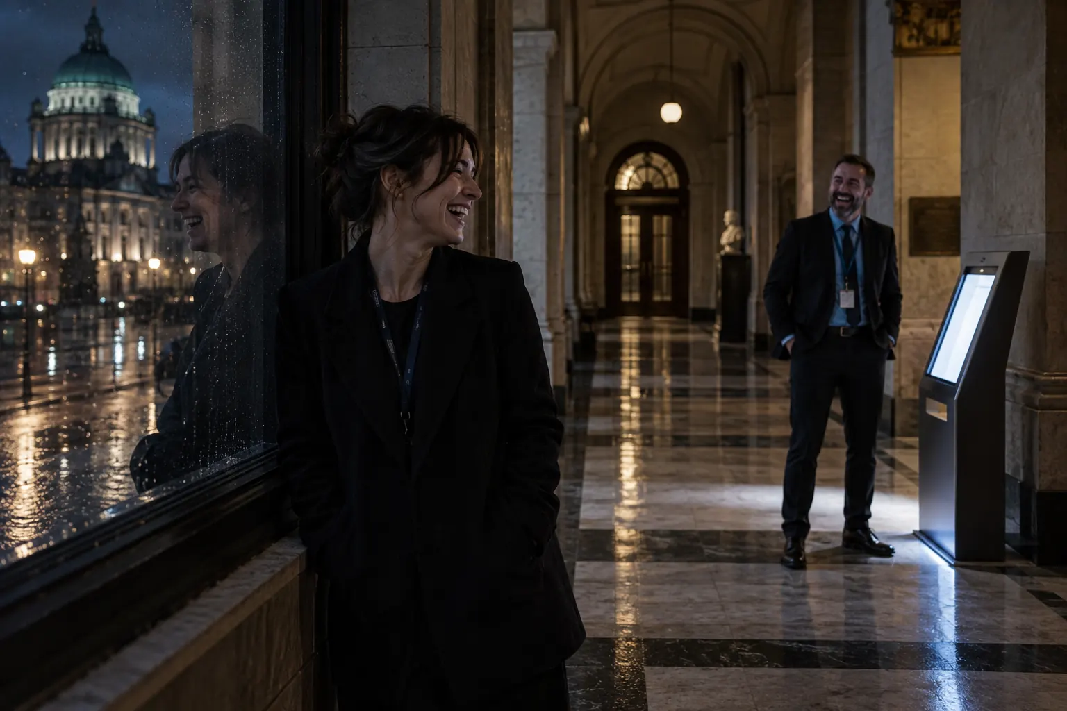 Two laughing public-service transformation staff at fictional Northern Ireland public service transformation 2026 civic building