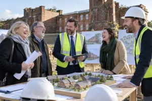 Five laughing adult planners and residents inspect a former institutional brick site in Bexhill.