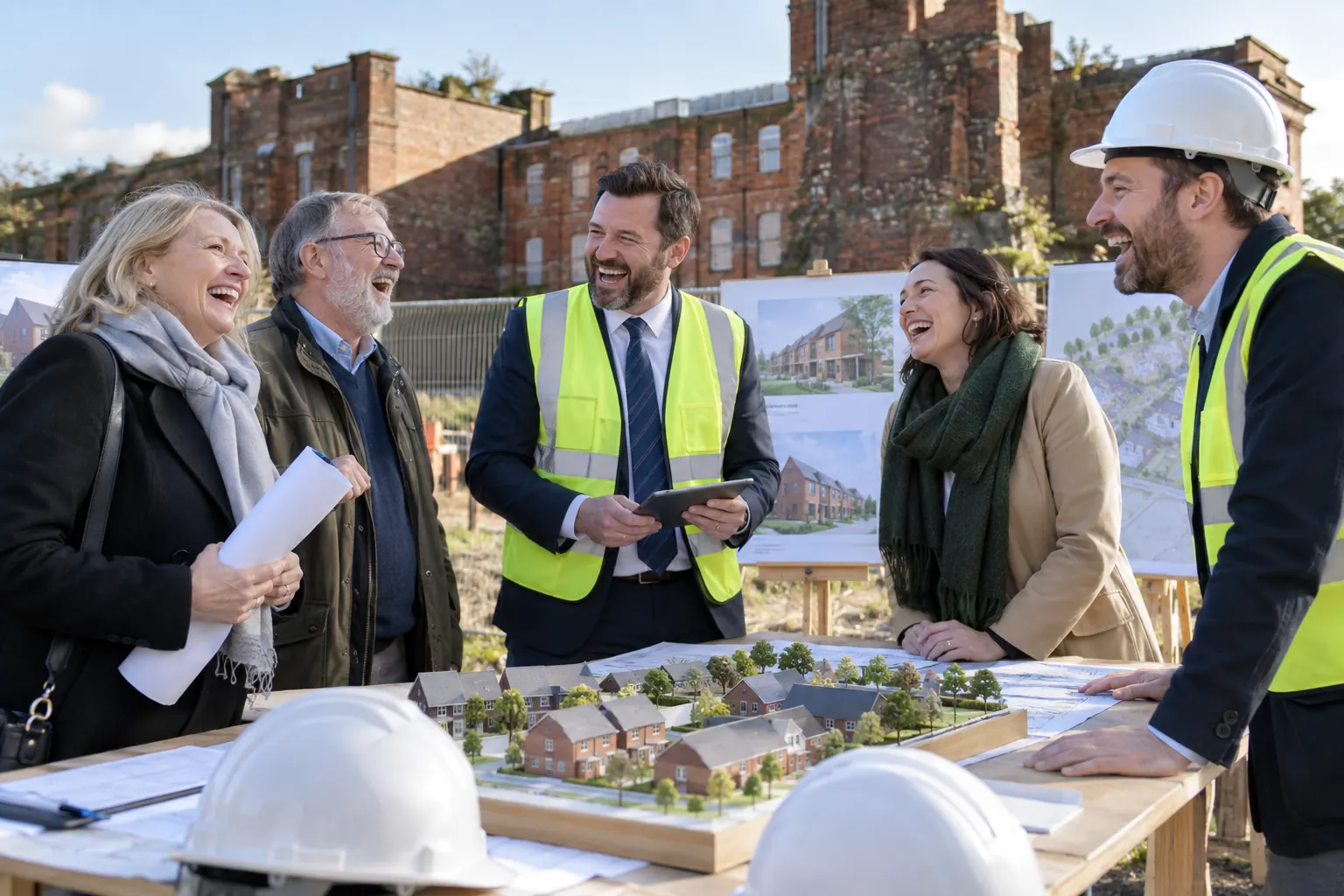 Five laughing adult planners and residents inspect a former institutional brick site in Bexhill.