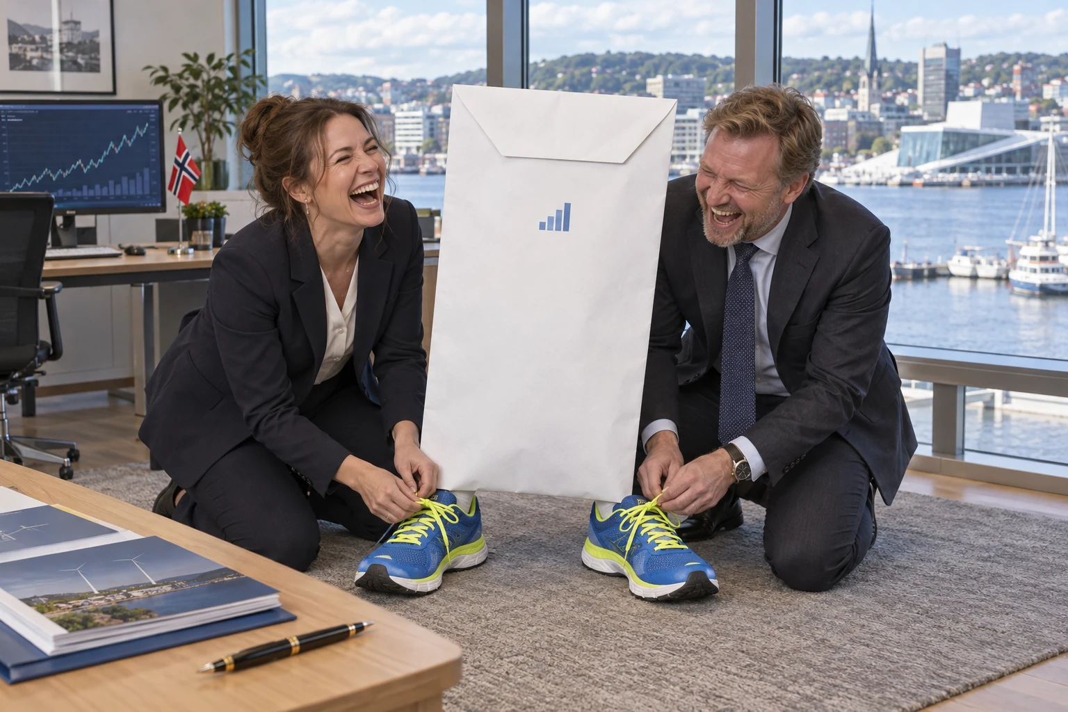 Two fictional financial officials laugh while tying running shoes beneath an oversized funding envelope in an office overlooking an Oslo harbour.