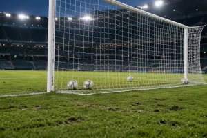 Several footballs rest inside the net of an empty professional goal under cool stadium floodlights.