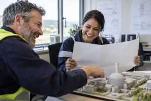 Two laughing adult nuclear decommissioning engineers sit together beside a generic site model in a planning office.