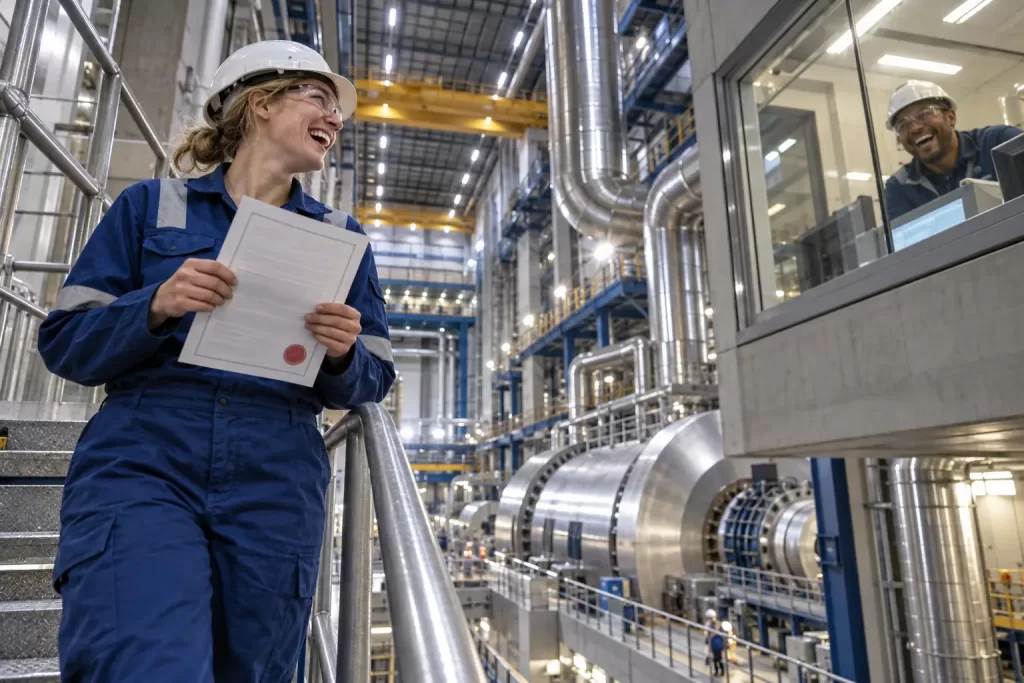 A laughing clean-energy engineer holds a generic licence in a turbine hall while a laughing colleague appears behind a safety window.