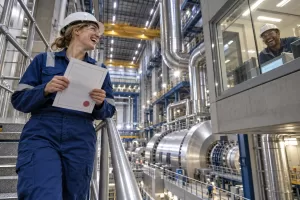 A laughing clean-energy engineer holds a generic licence in a turbine hall while a laughing colleague appears behind a safety window.