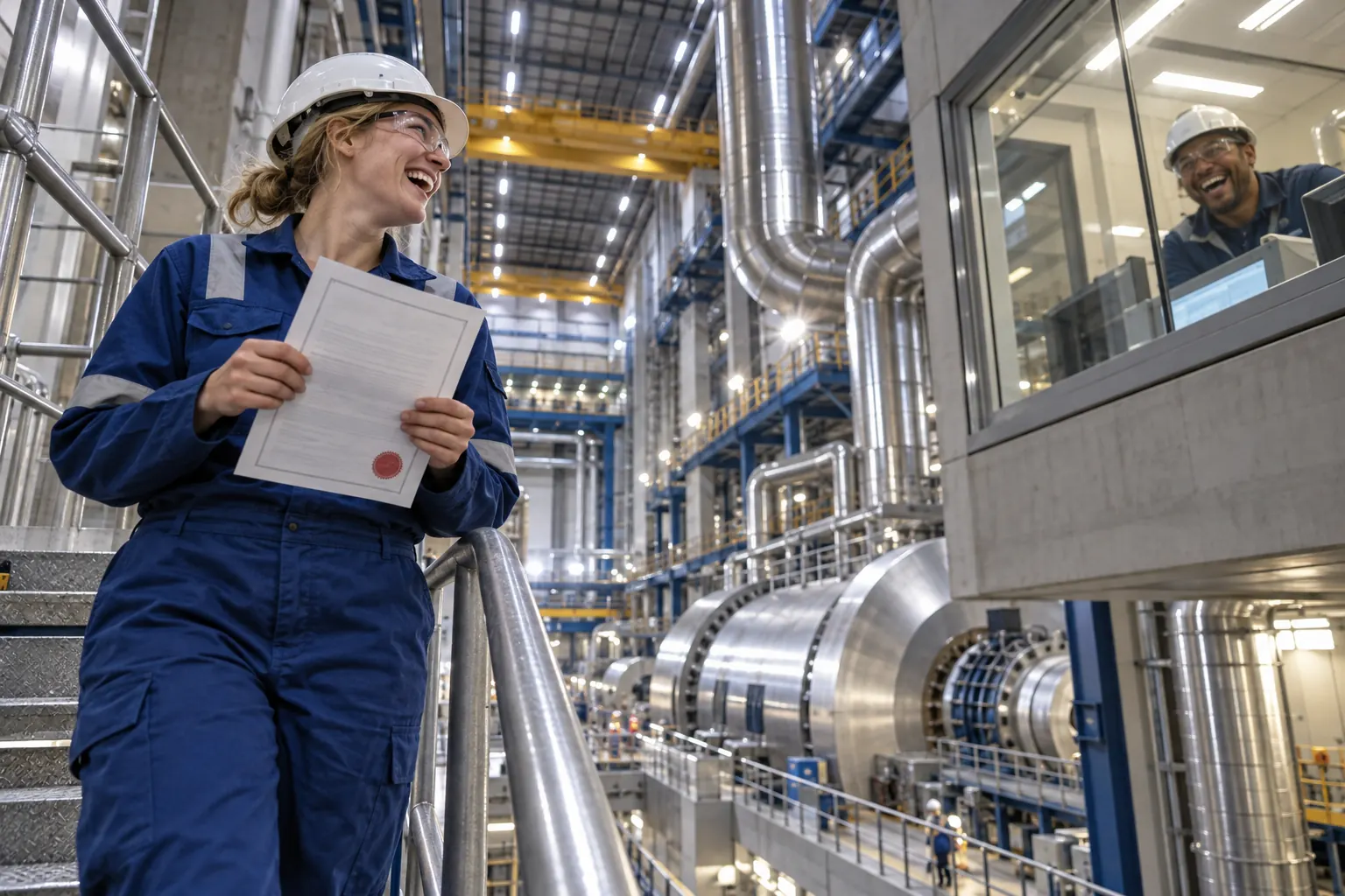 A laughing clean-energy engineer holds a generic licence in a turbine hall while a laughing colleague appears behind a safety window.