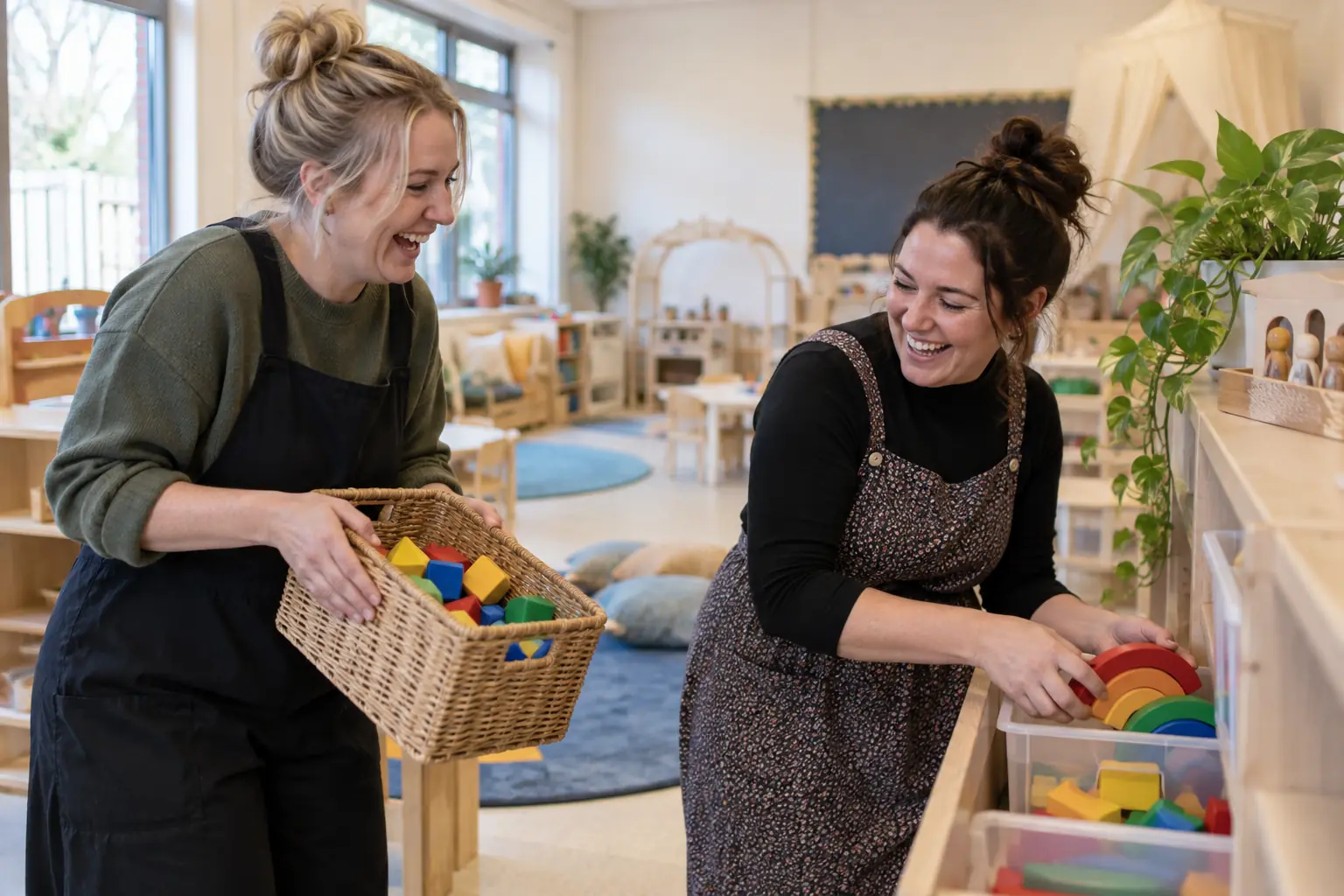 Two laughing nursery educators in an empty classroom preparing school nursery places