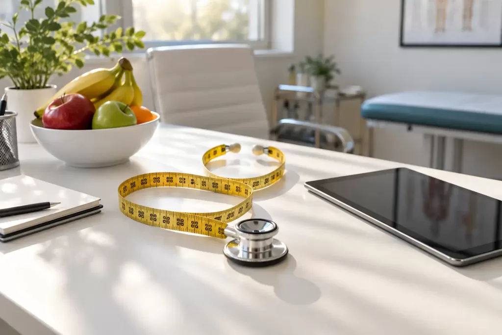 Original editorial photograph of a tape measure becoming a stethoscope for obesity care projects 2026