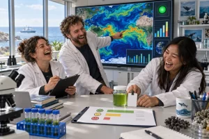 Three laughing marine scientists appraise a jar of green water beside an employee badge, with ocean maps and charts behind them.