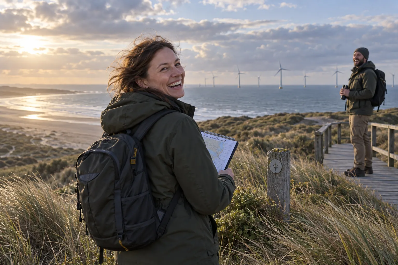 Two laughing environmental planners at fictional offshore wind environmental compensation reforms 2026 coast