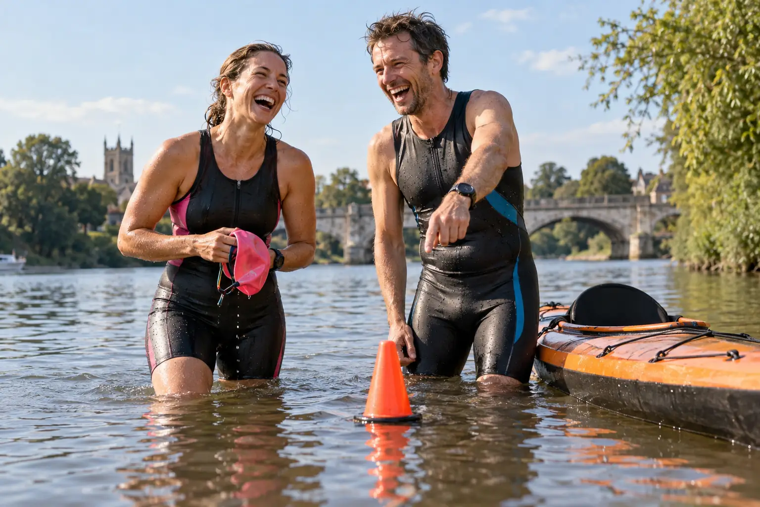 Original editorial photograph of two laughing triathletes by a tiny traffic cone for One on the River Triathlon 2026