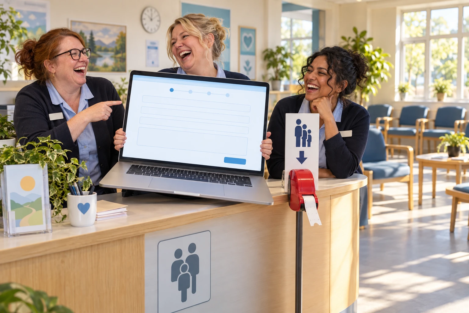 Three fictional adult GP reception workers clearly laugh beside a laptop displaying an online consultation form and a telephone queue ticket dispenser in a surgery waiting room.