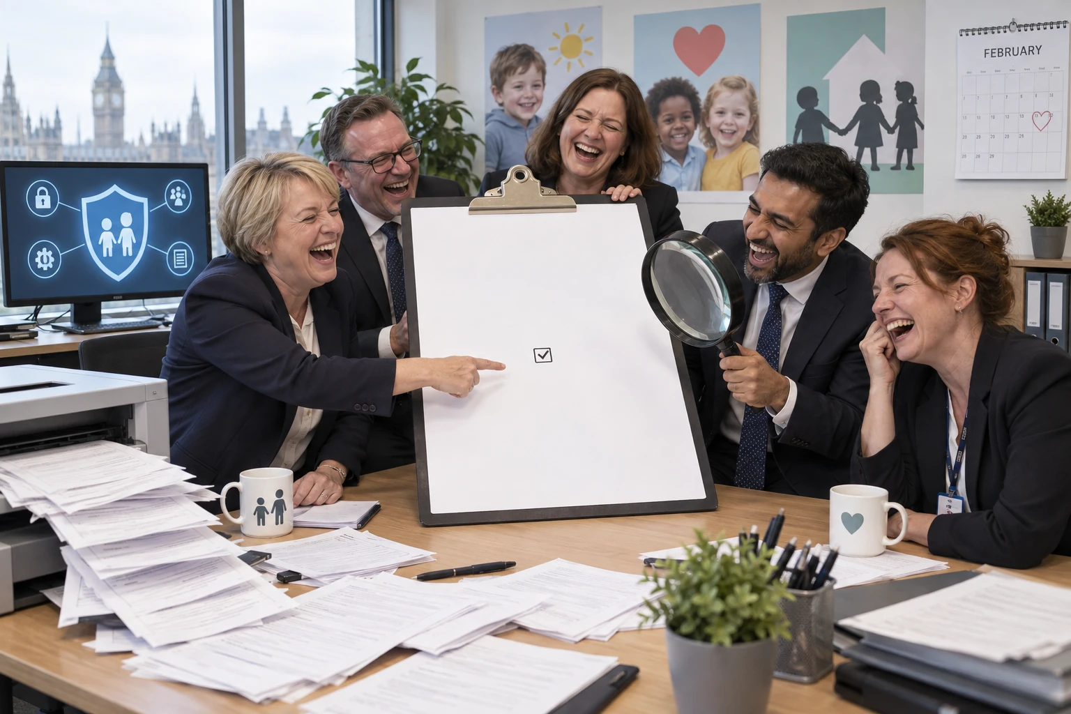 Five fictional adult policy officials visibly laughing around an oversized consultation clipboard with a tiny tick box in a government office.