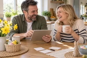 Two laughing parents with a tablet for online safety Easter parent tools