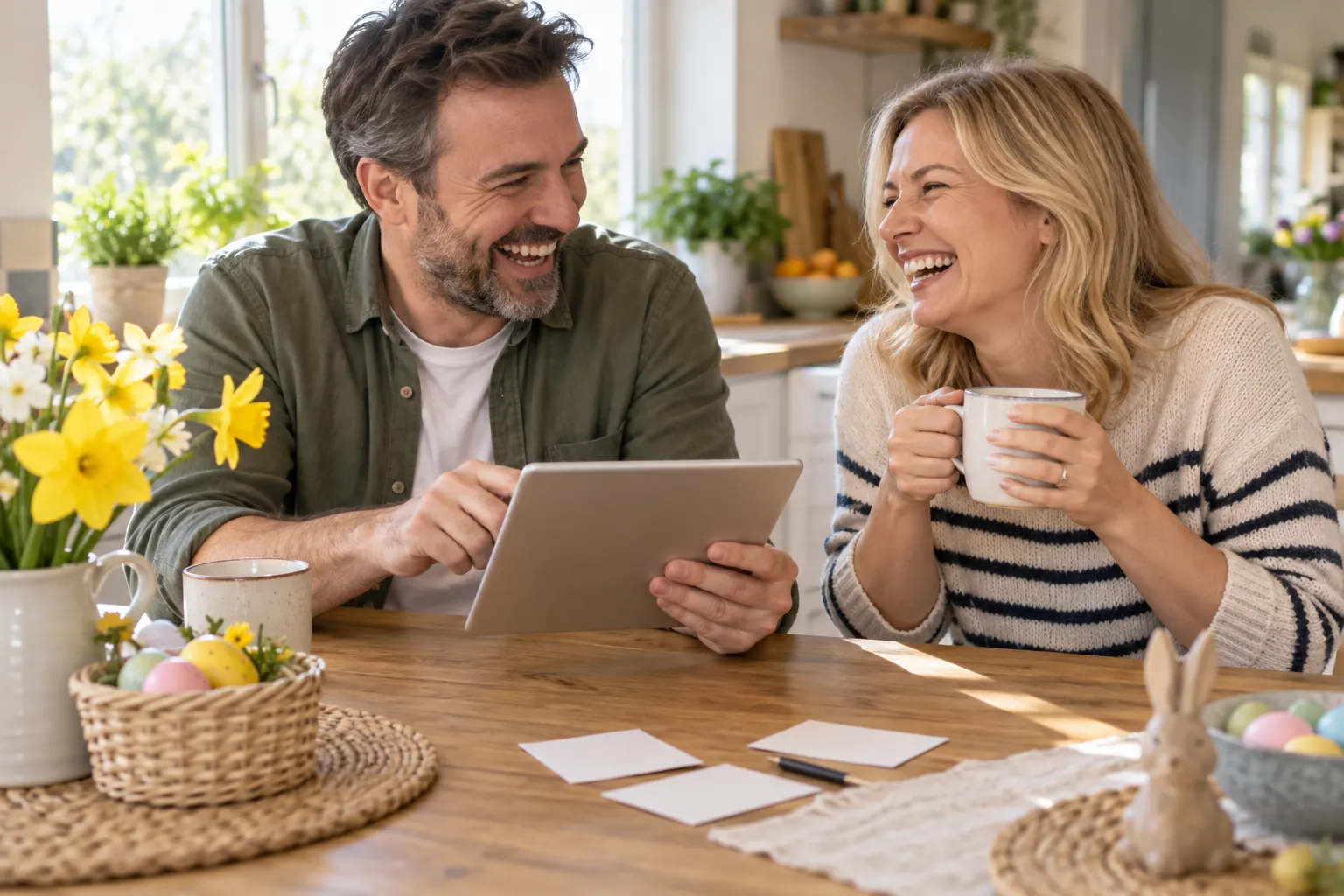 Two laughing parents with a tablet for online safety Easter parent tools