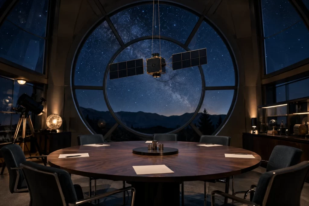 An empty observatory meeting room has a small satellite model above a round table beneath a star filled night sky.