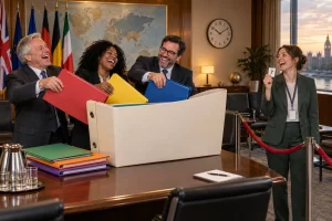 Four laughing fictional international administrators combine six coloured folders into one blank folder while a lanyard wearing person waits with queue ticket seven.