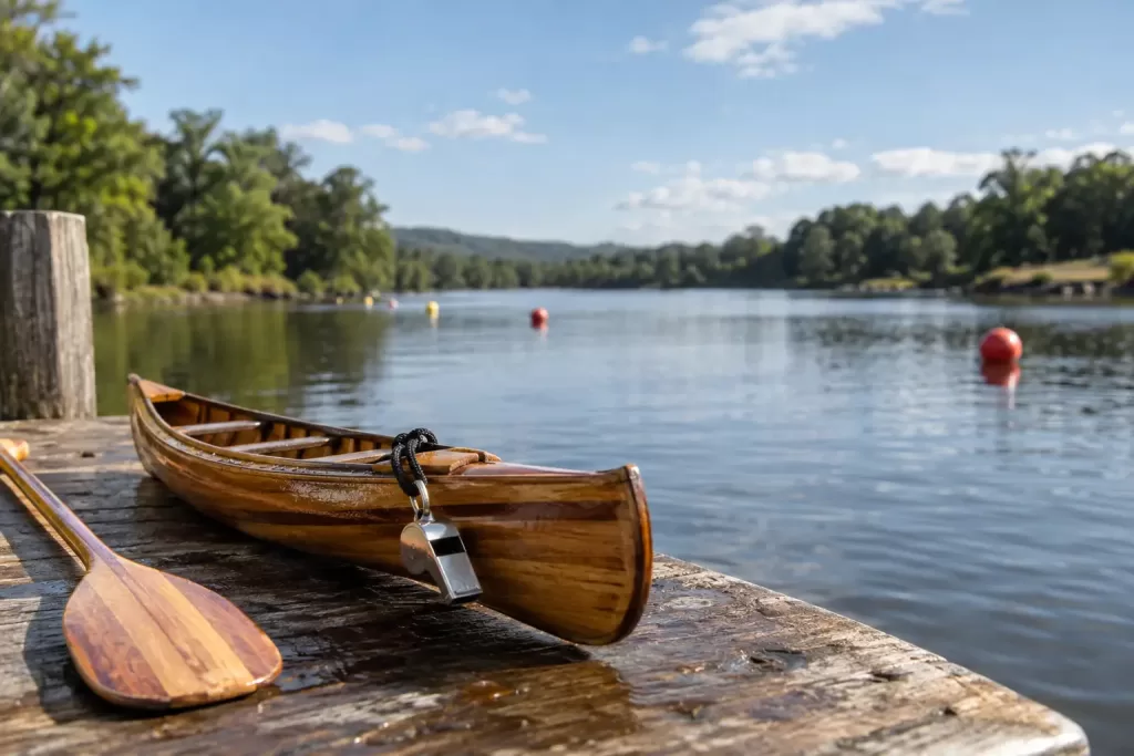 Original editorial photograph of a canoe with a referee whistle for paddlesport regatta restriction 2026