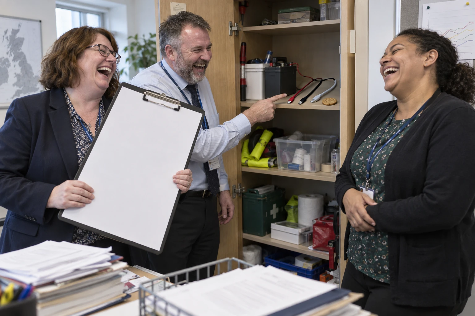 Three fictional adult public health administrators clearly laugh beside an open emergency cupboard while one holds an oversized clipboard above cables and a biscuit.