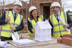 Three laughing housing officials in hard hats present a paper model house beside bricks and a pristine shovel at an unfinished building.