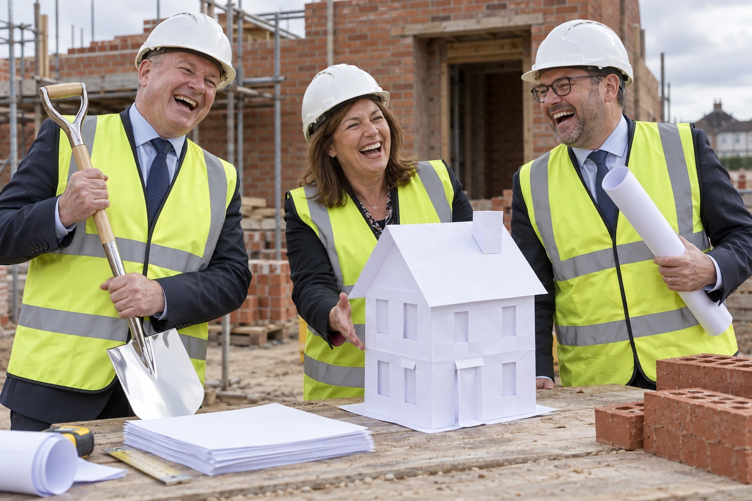 Three laughing housing officials in hard hats present a paper model house beside bricks and a pristine shovel at an unfinished building.