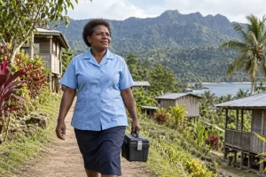 A Papua New Guinean community health worker carries a medical kit along a tropical village path.