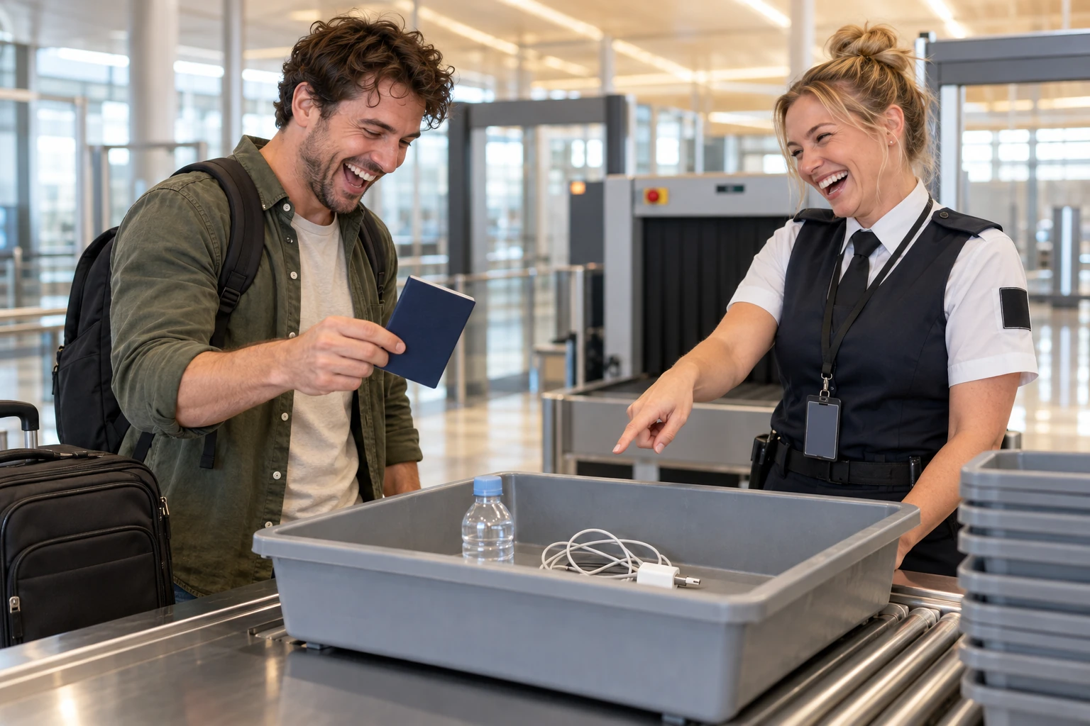 A fictional traveller and airport worker laugh beside a security tray as the traveller holds a plain blue booklet.