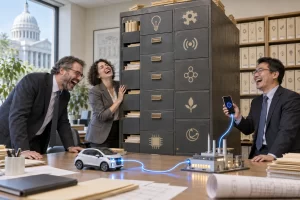 Three fictional patent specialists laugh beside an oversized abstract symbol filing cabinet connected to a phone, toy car and miniature factory.